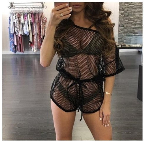 Mesh Short-Sleeved Beach Bikini Waist See-Through Pants