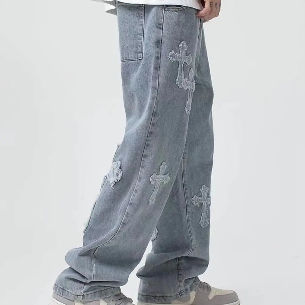 Men Streetwear Cross Baggy Jeans