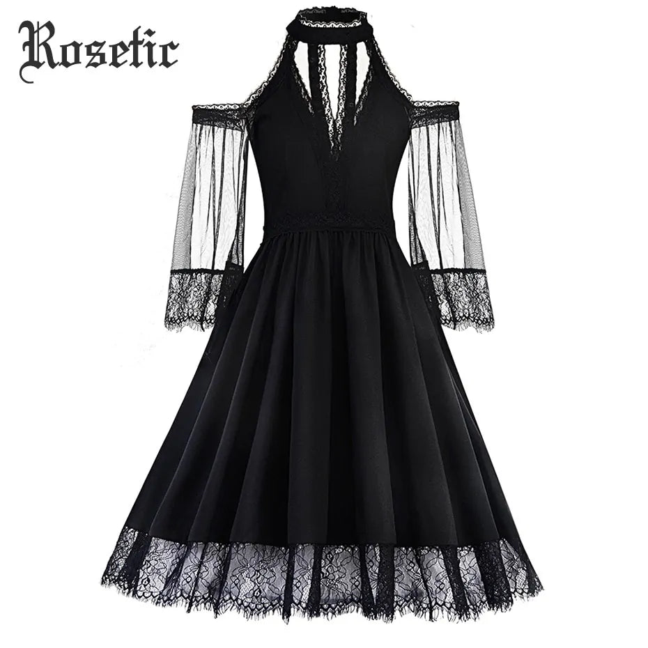 Elegant Vintage Black Mesh Lace Dress