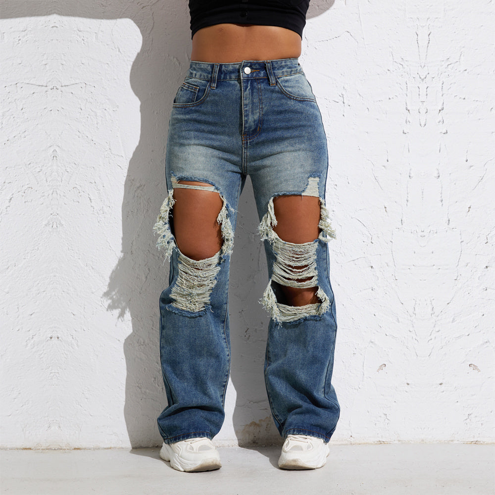 Melody Blue Wash Ripped Retro Stright Leg Jeans