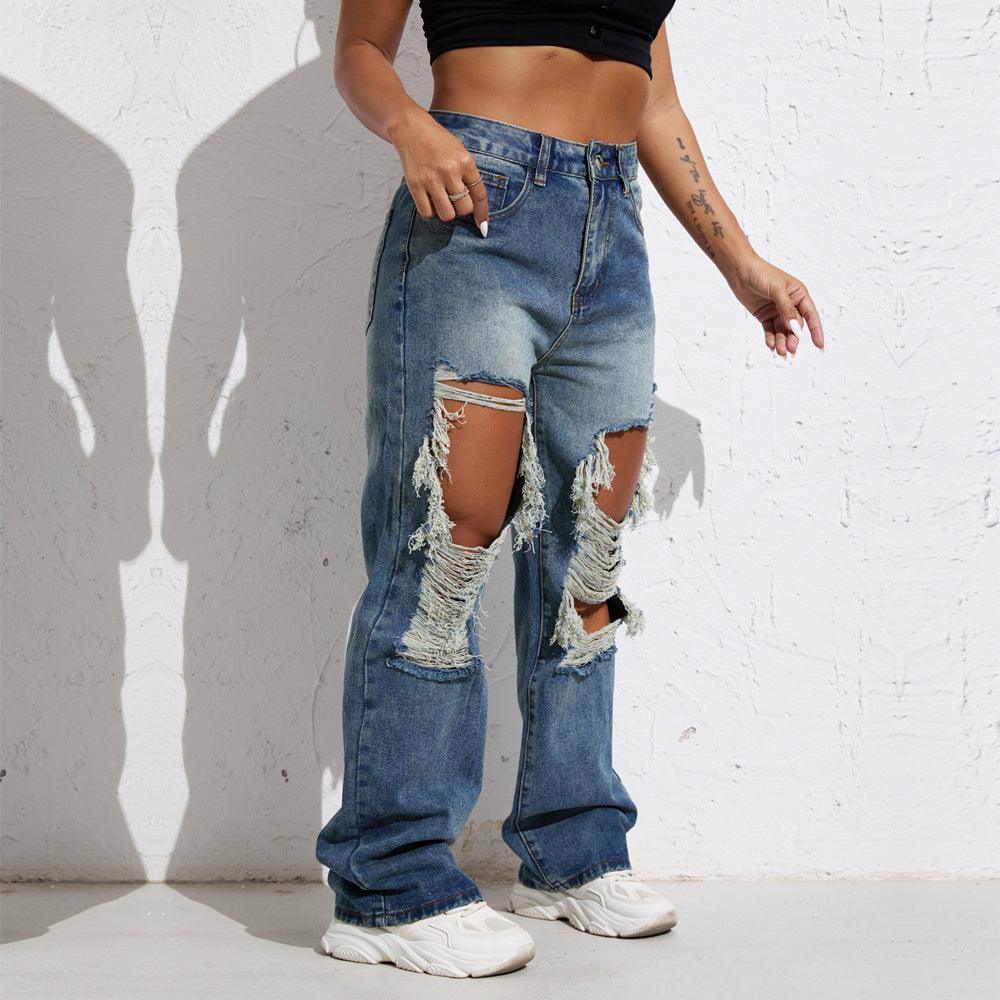 Melody Blue Wash Ripped Retro Stright Leg Jeans