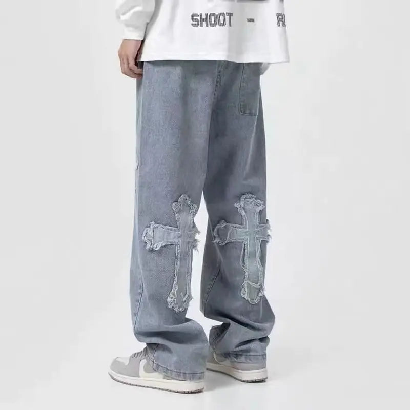 Men Streetwear Cross Baggy Jeans