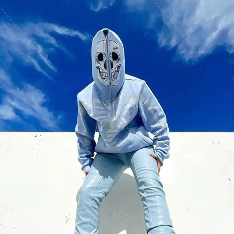 Skeleton Rhinestones Off White Full Zip Hoodie