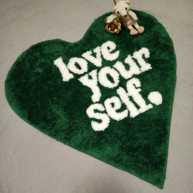 Green Tufting Heart Bedroom Rug "Love Yourself" Fluffy Carpet