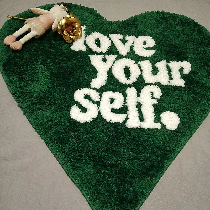 Green Tufting Heart Bedroom Rug "Love Yourself" Fluffy Carpet