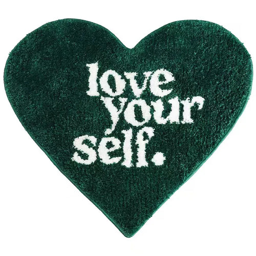 Green Tufting Heart Bedroom Rug "Love Yourself" Fluffy Carpet