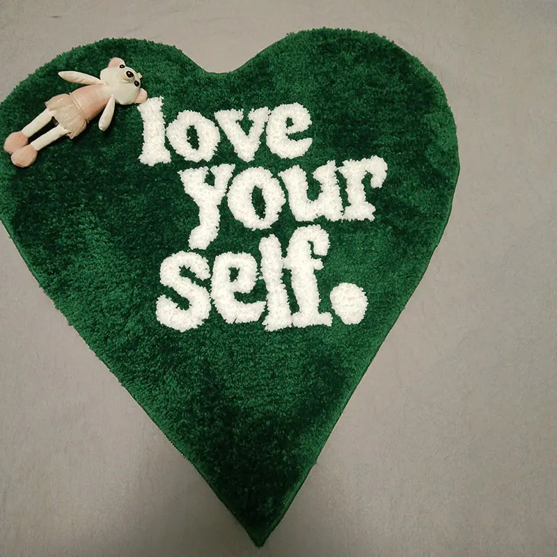 Green Tufting Heart Bedroom Rug "Love Yourself" Fluffy Carpet