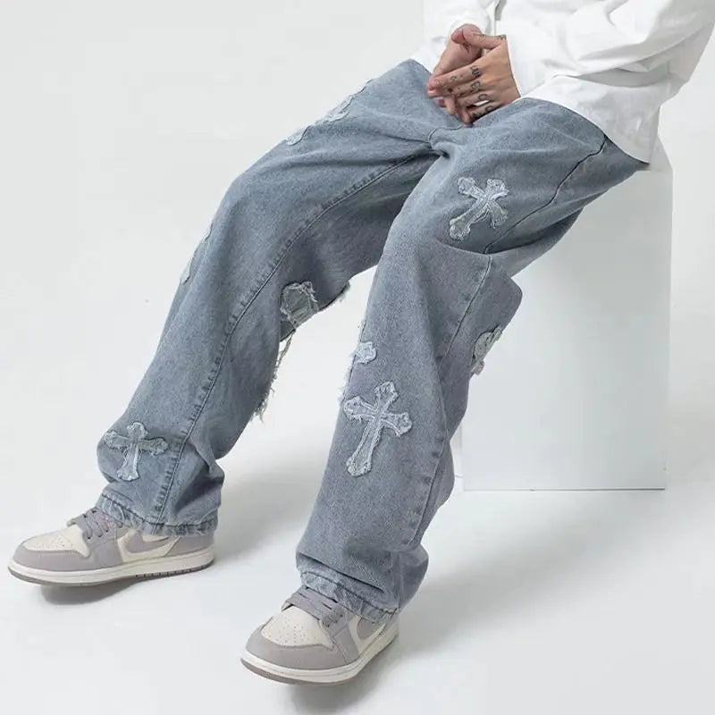 Men Streetwear Cross Baggy Jeans