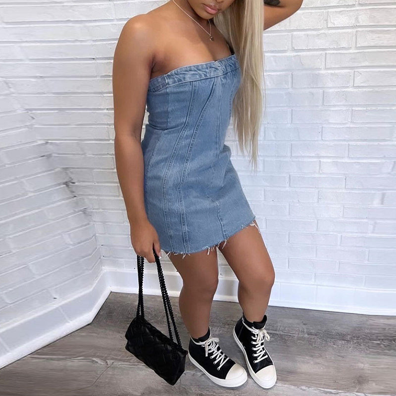 Fashion Backless Tube Denim Dress