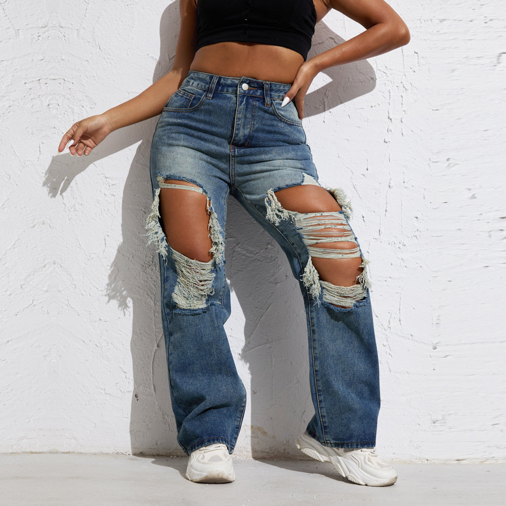 Melody Blue Wash Ripped Retro Stright Leg Jeans