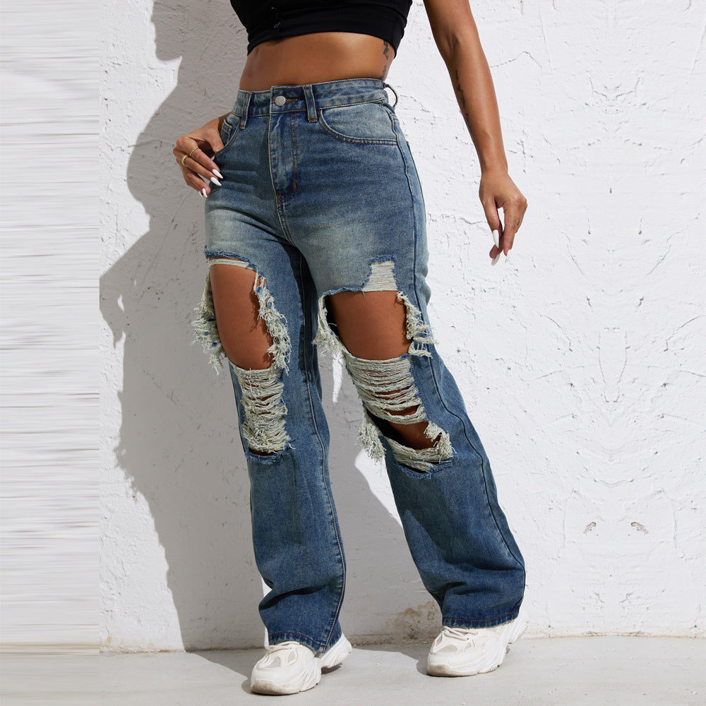 Melody Blue Wash Ripped Retro Stright Leg Jeans