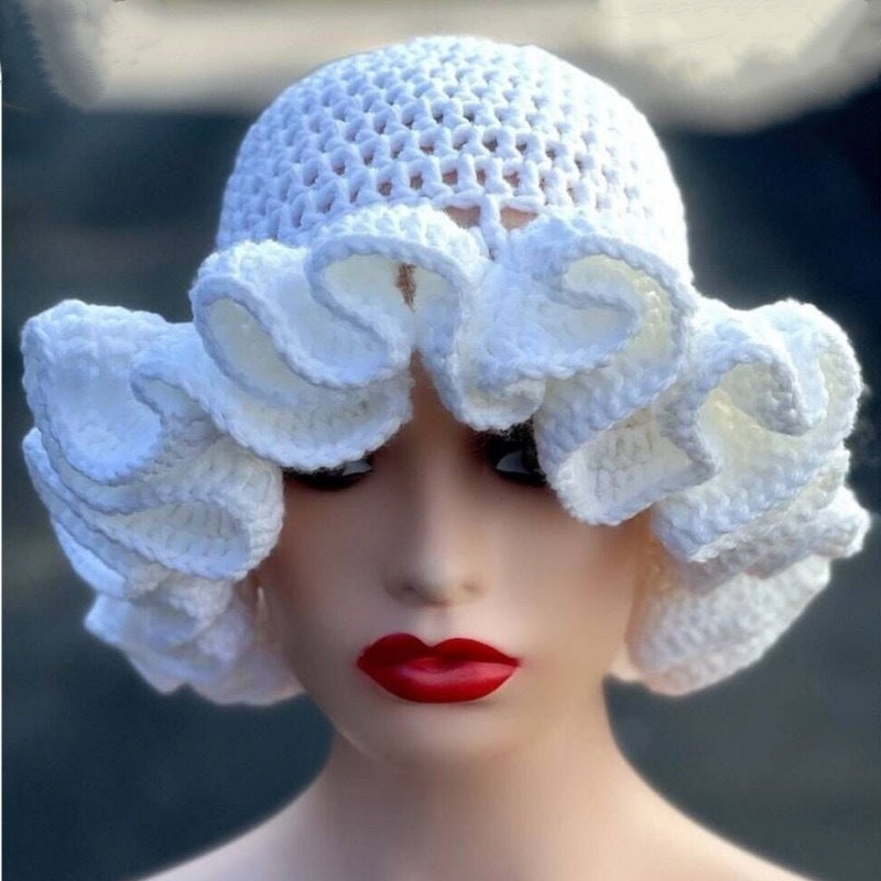 Hand Made Knitted Lace Bamboo Ruffled Hat