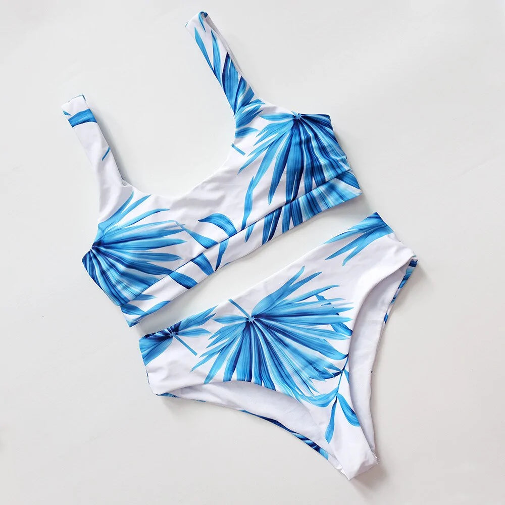 Tropical Palm Leaf High Waist Bikini: Sexy Scoop Neck White Swimwear for Women