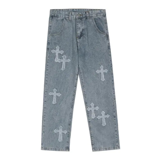 Men Streetwear Cross Baggy Jeans