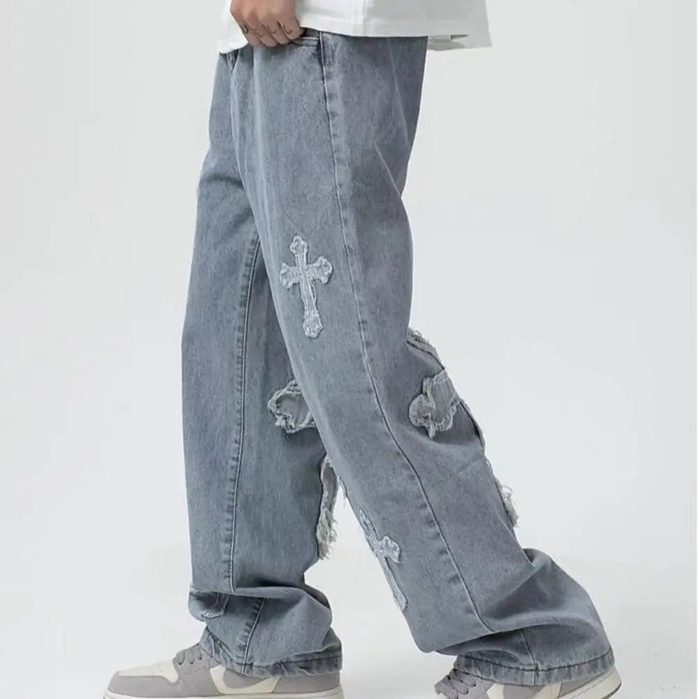 Men Streetwear Cross Baggy Jeans