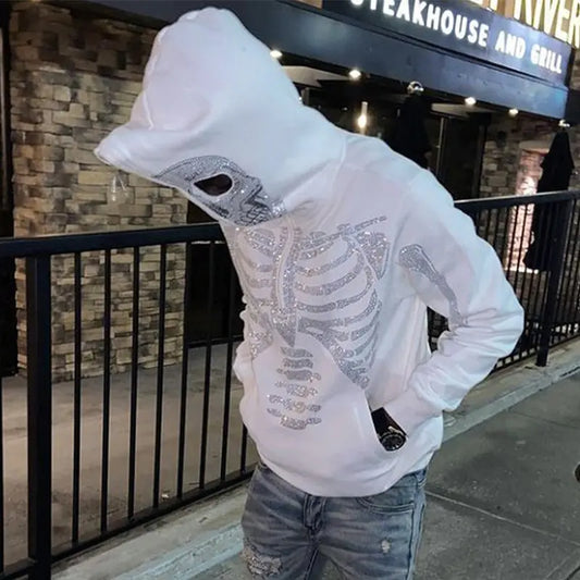 Skeleton Rhinestones Off White Full Zip Hoodie