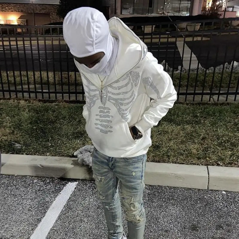 Skeleton Rhinestones Off White Full Zip Hoodie