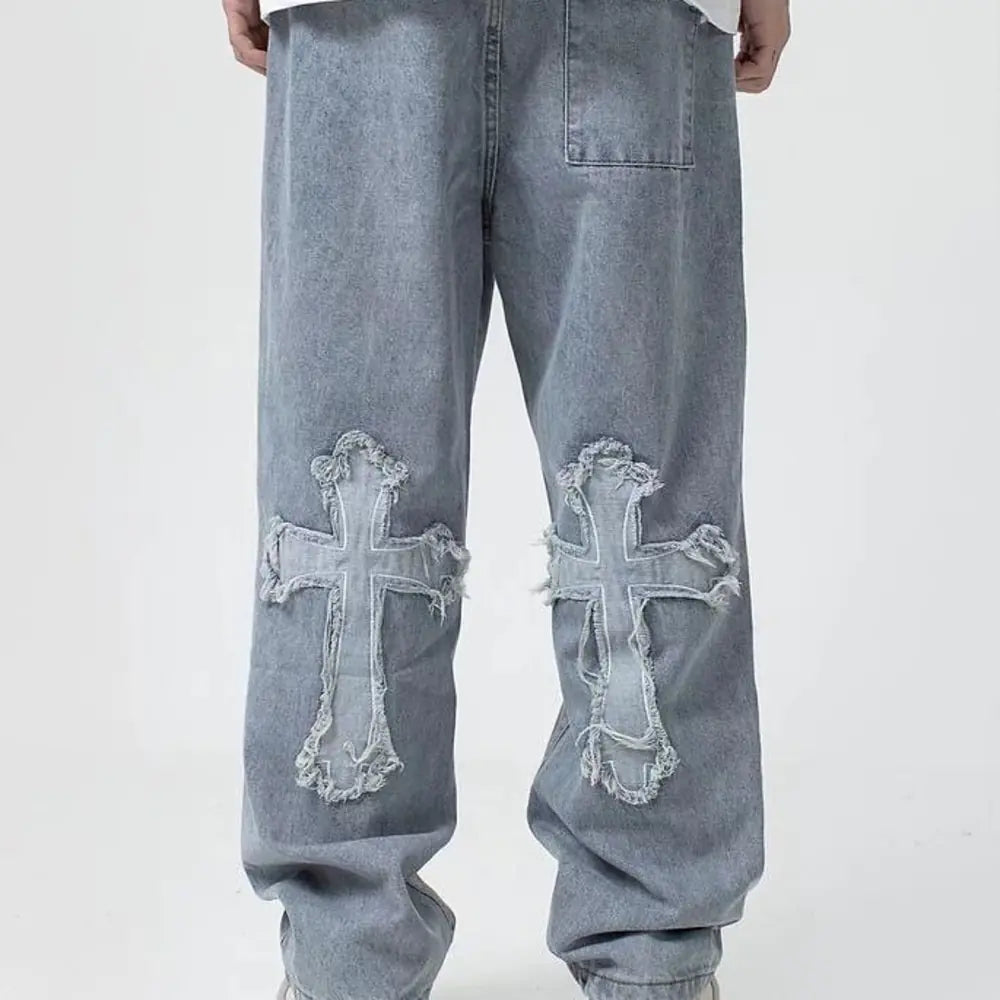 Men Streetwear Cross Baggy Jeans